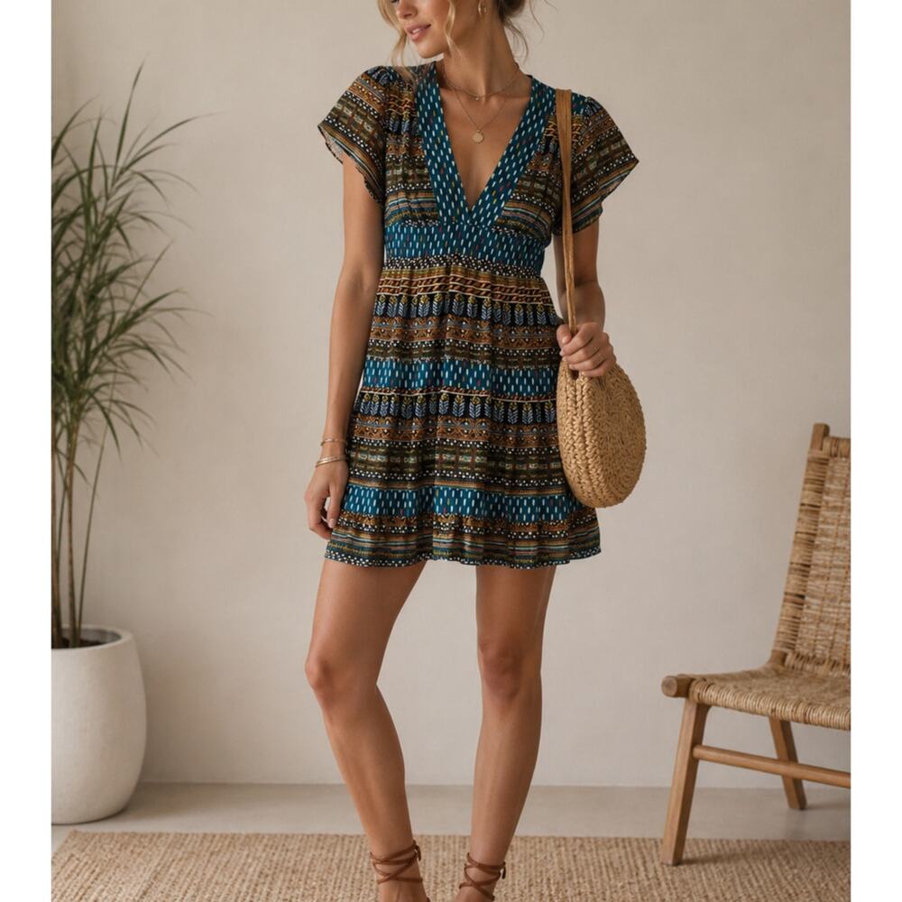 What Comes Around Goes Around Anthro Mixed Print Tiered Mini Dress Womens 4